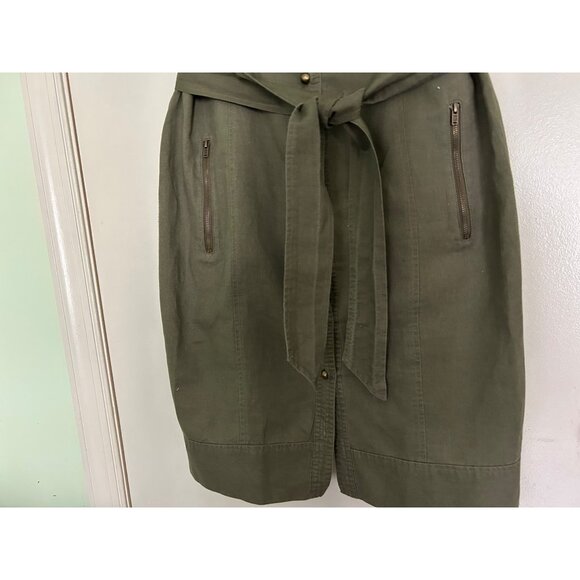 SPENSE Army Green Shirt Dress Sz 10 LINEN Blended Belted Pockets Vneck Short Sle - Picture 6 of 8